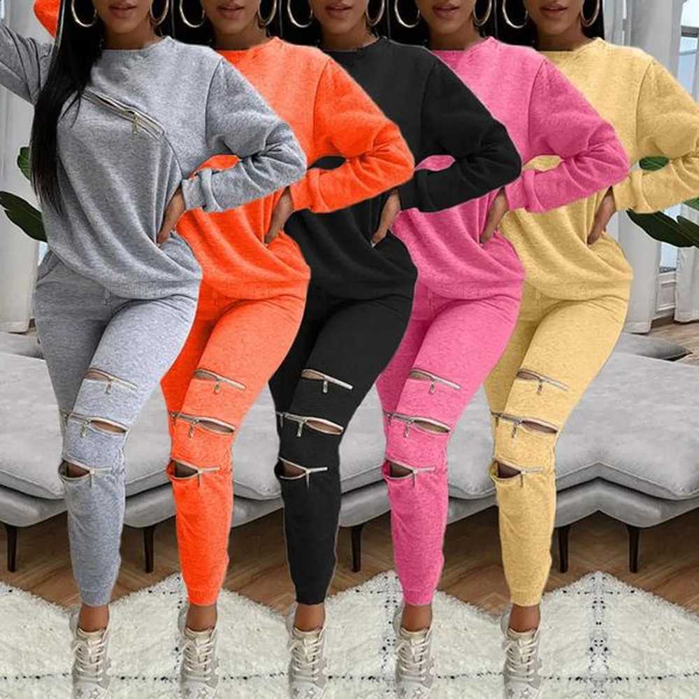 autumn tracksuit women two piece set zipper holes long sleeve