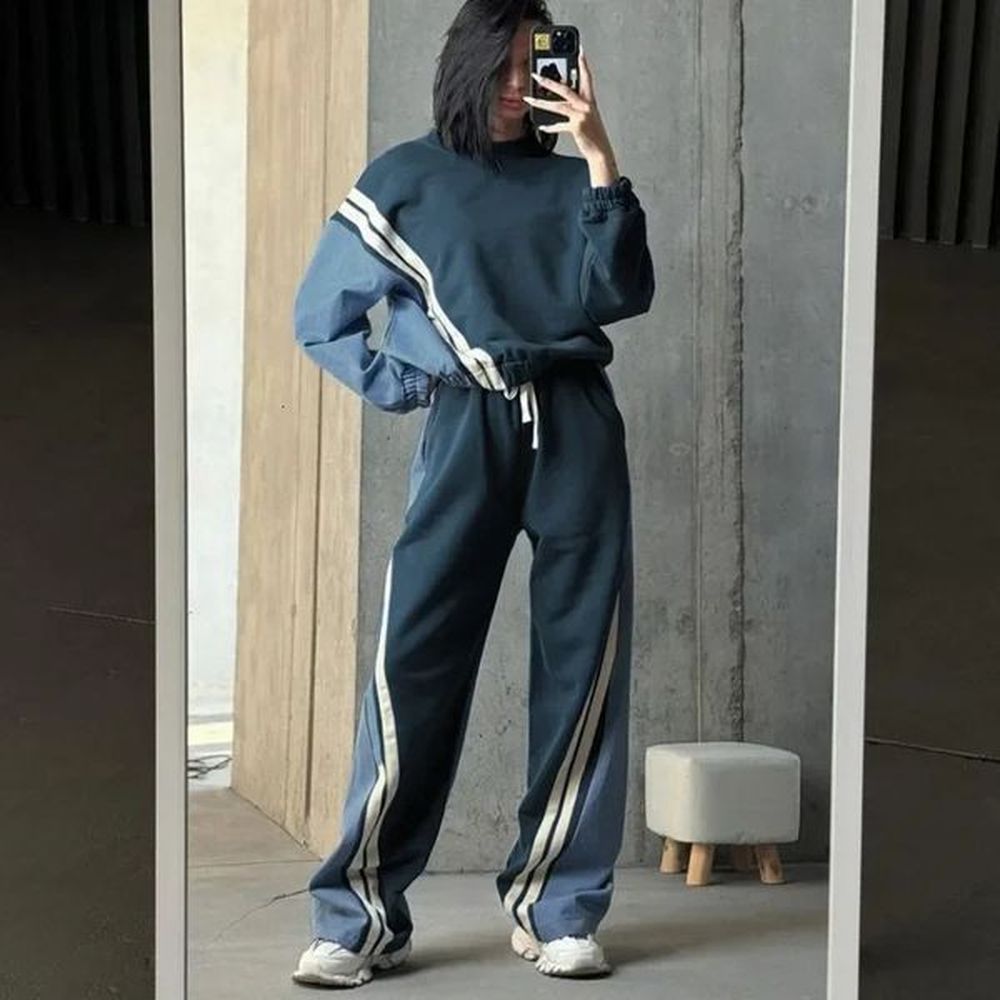 autumn winter casual blue patchwork sets women pieces oneck
