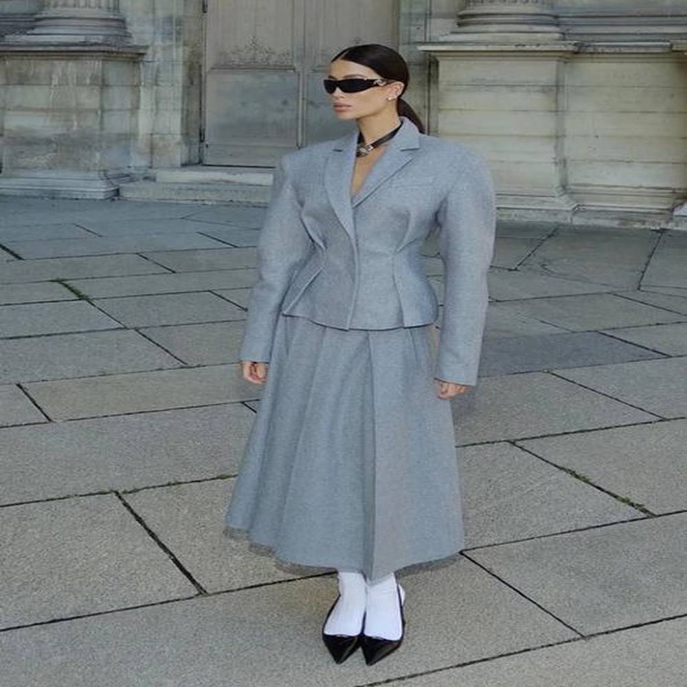 autumn winter elegant solid maxi skirt suits fashion stand collar