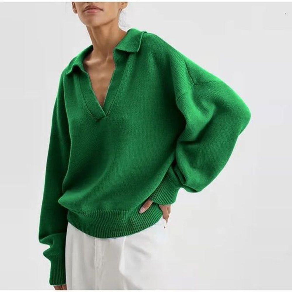 autumn winter fallow womens sweater solid color polo collar