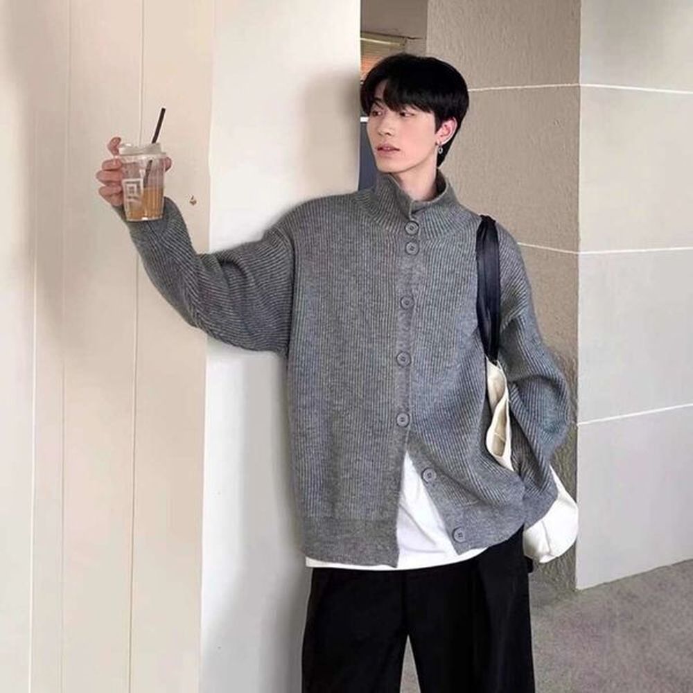 Autumn Winter High Neck Button Up Cardigan Sweater Casual Loose And Versatile Long Sleeved Men S Maillard Outfit Knit Sweater
