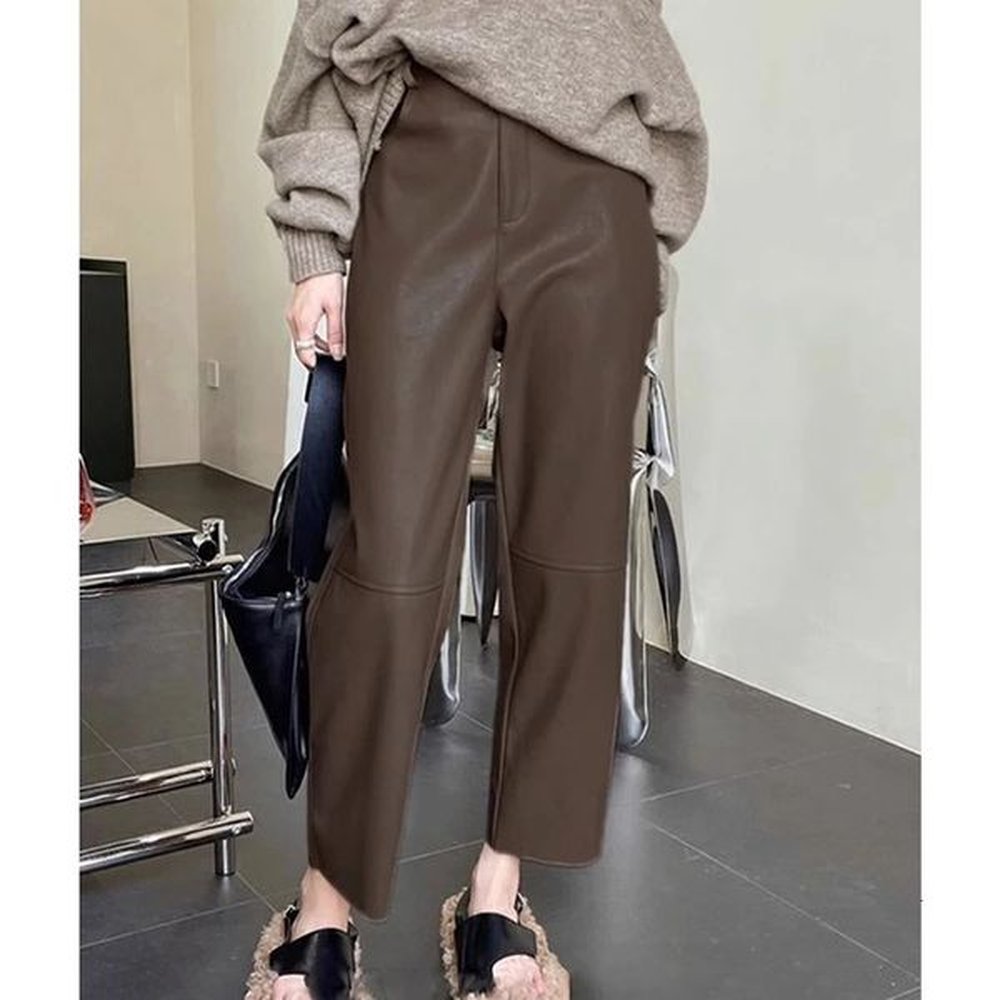 autumn winter high waist streetwear fashion vintage pu leather pant
