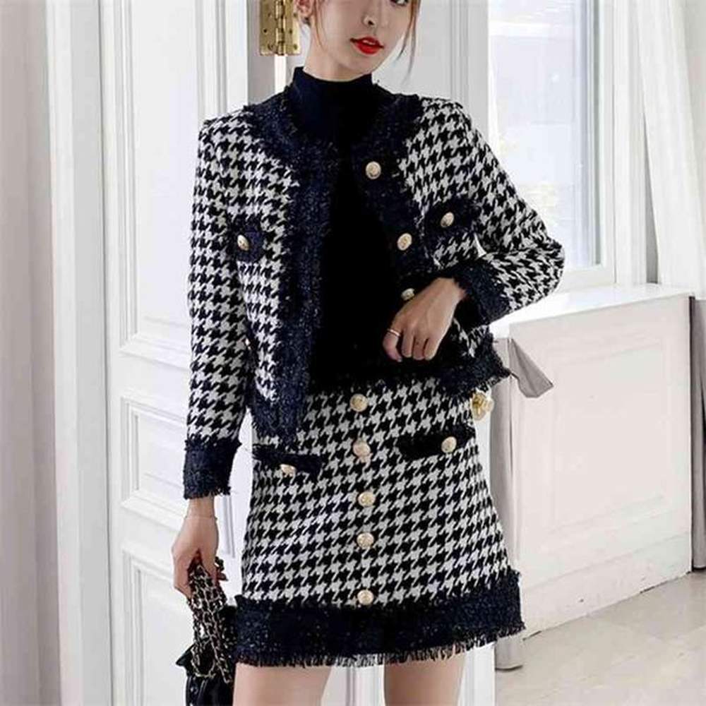 autumn winter houndstooth piece set women woolen crop top