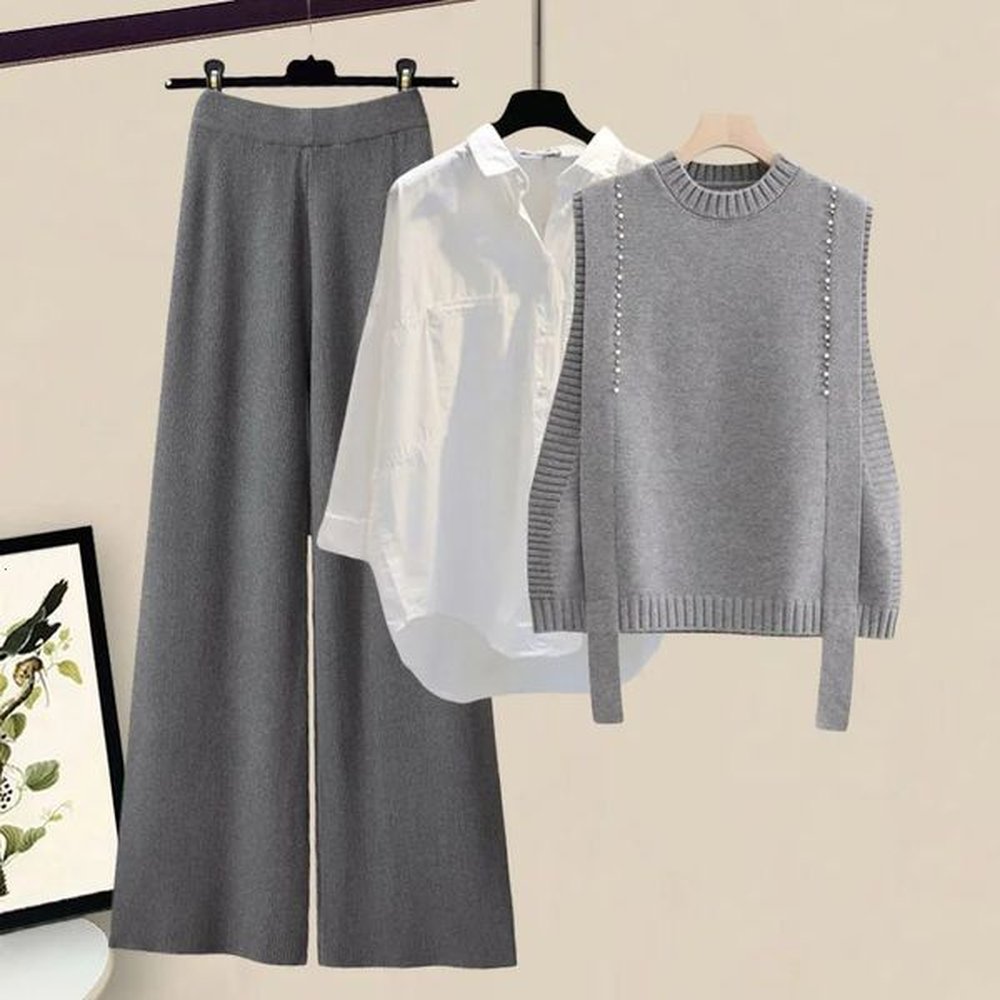 Autumn Winter Knitted 3 Pieces Set Office Ladies Elegant Vestwhite Shirtswide Leg Pants Sets For Women Clothing 2024 241204