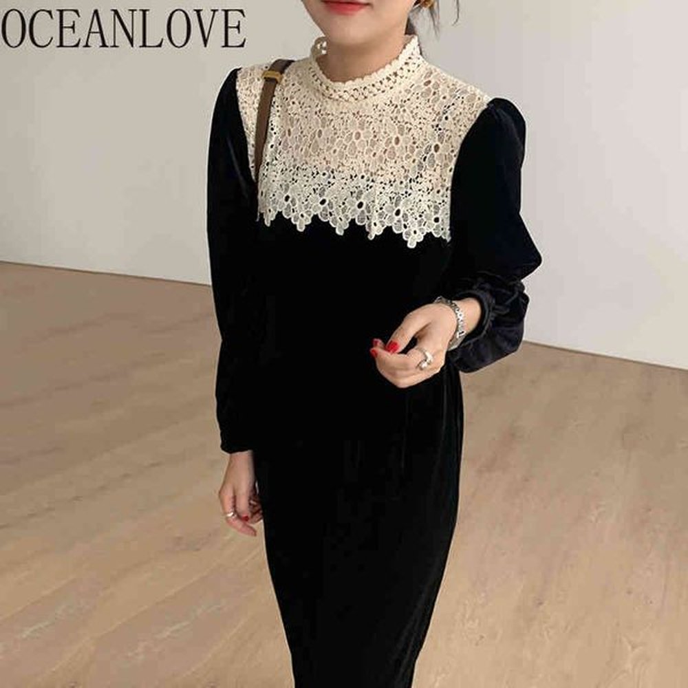 autumn winter lace patchwork fashion korean elegant long dresses velvet