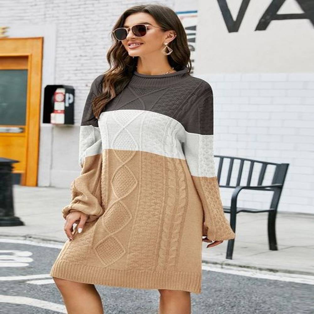 autumn winter lazy style womens long sweater dress contrasted color