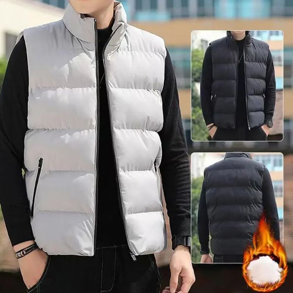 Autumn Winter Men Cotton Vest Thick Warm Mens Padded Stand Collar Coat Windproof Vests Zipper Pockets Sleeveless Jacket 241228