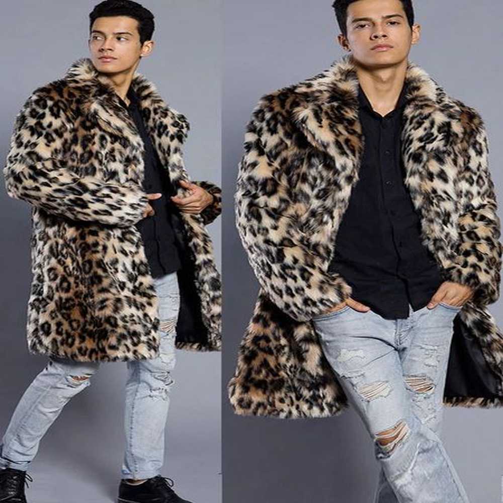 Autumn Winter Mens Artificial Fur Big Collar Fur Long Mens Artificial Fur Jacket Mens Coat Leopard Pattern Thick Coat 241028