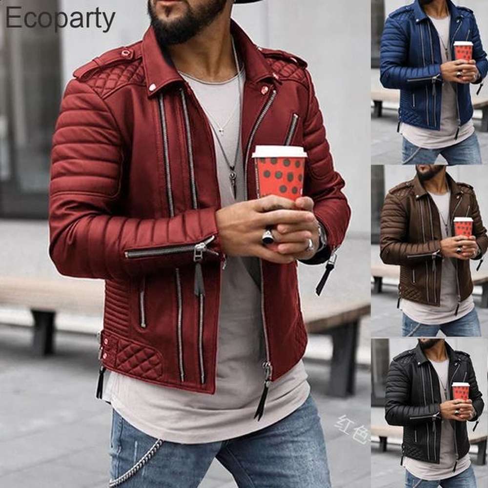 2023 Autumn Winter Mens Fashion Pu Leather Jacket Black Slim Lapel Zipper Coat Motorcycle Male Casual Clothing Outwear 250109