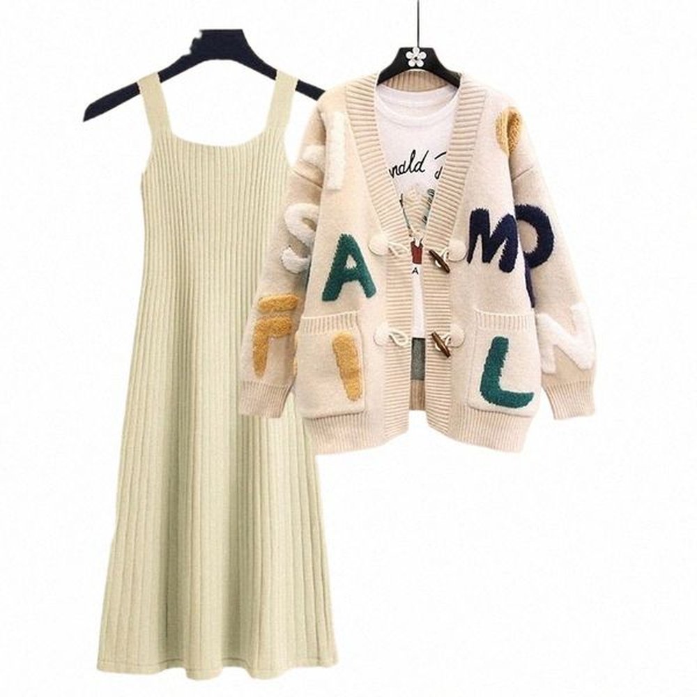 autumn winter new loose knitted cardigansuspended skirt matching set