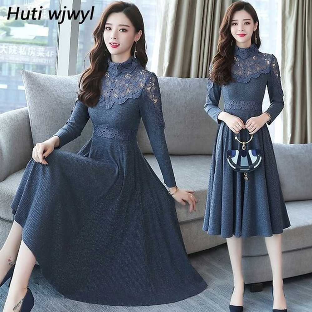 autumn winter new plus size vintage lace midi dresses women
