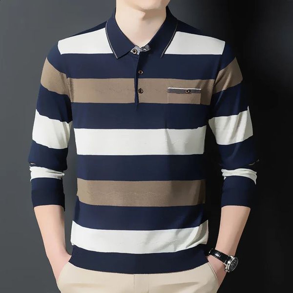 Autumn Winter Polo Mens Clothing Loose Striped Long Sleeve Tees Turndown Collar Shirt Business Casual Fashion Pockets Tops 241203