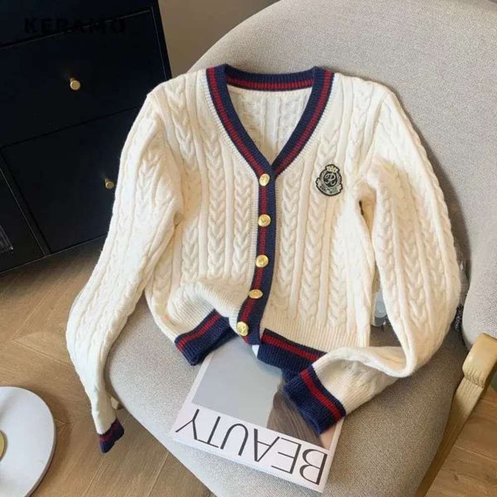 autumn winter preppy style vneck knitting long sleeve cardigan women