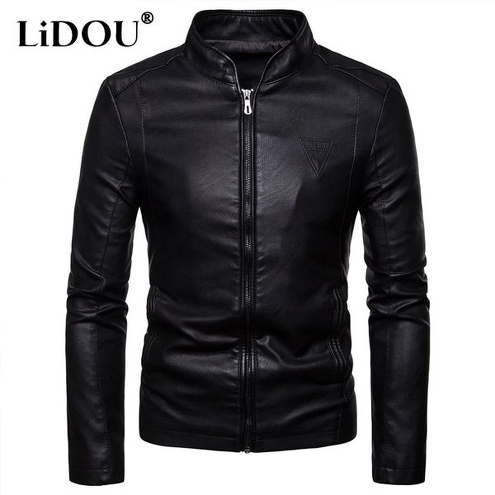 Autumn Winter Solid Color Fashion Long Sleeve Faux Leather Man High Street Round Neck Zipper Pockets All-match Coat 241011