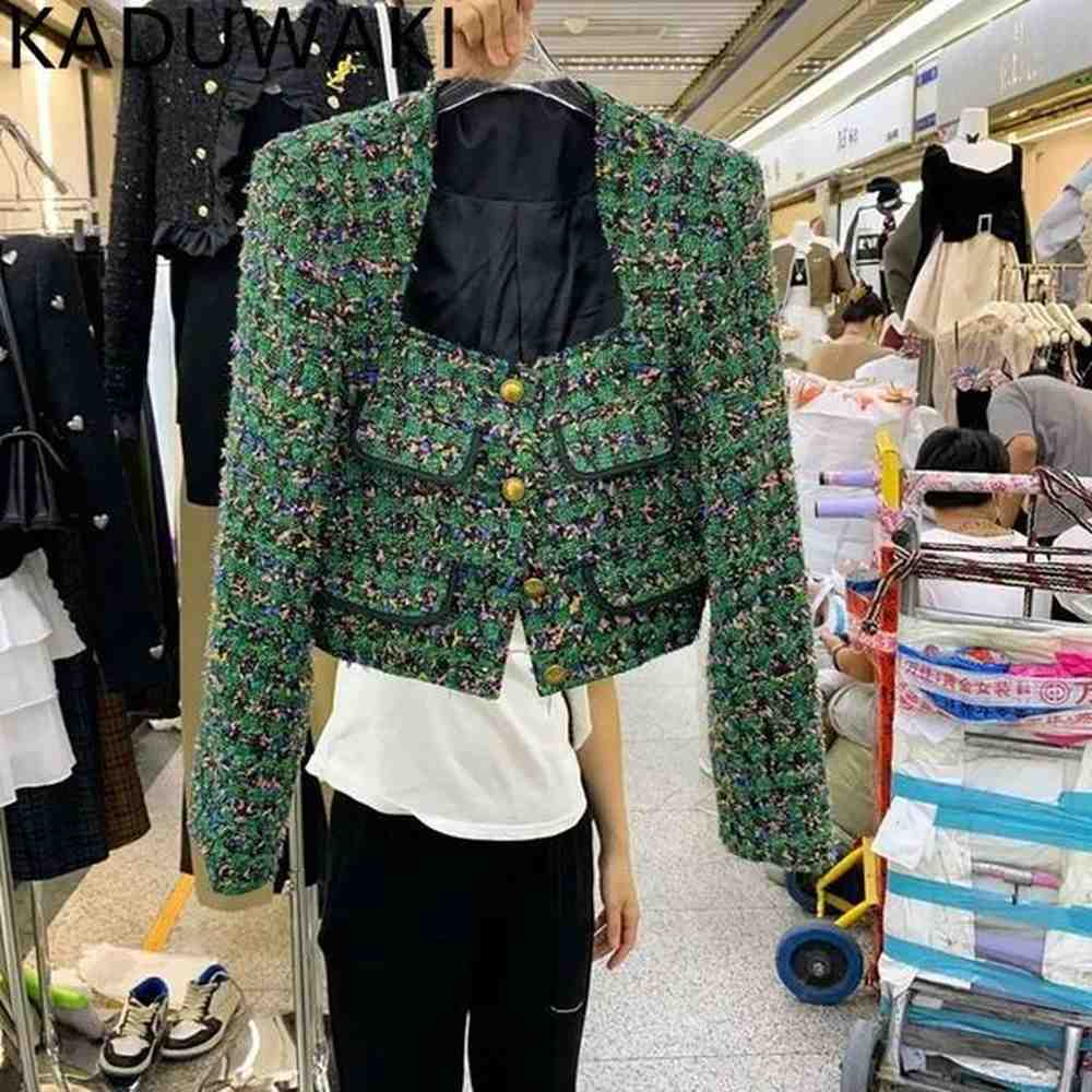 autumn winter sqaure collar tweed jacket womens vintage elegant small