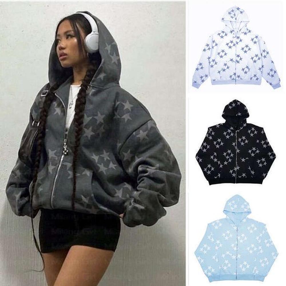 autumn winter unisex star printed casual and fashionable cardigan hooded