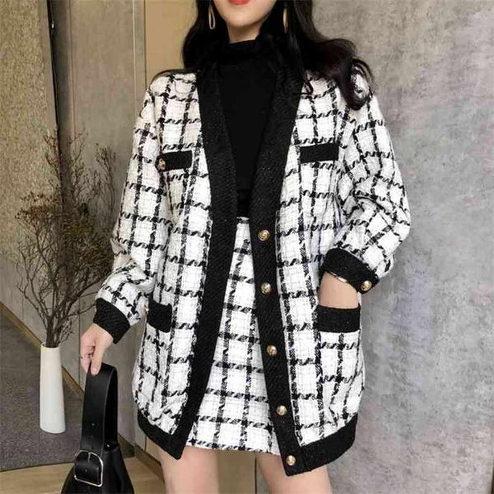 autumn winter vintage piece set women long sleeve tweed