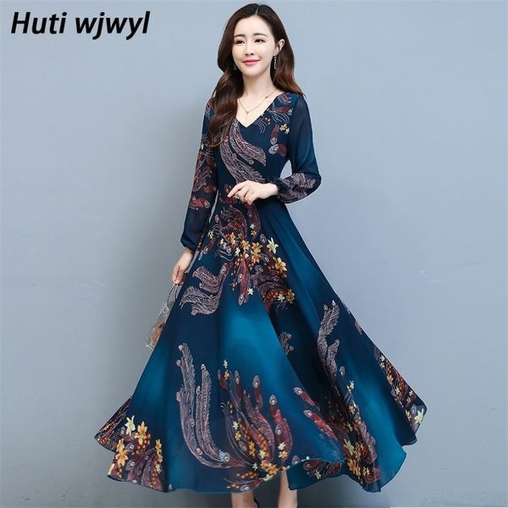 autumn winter vintage plus size boho dress floral chiffon long