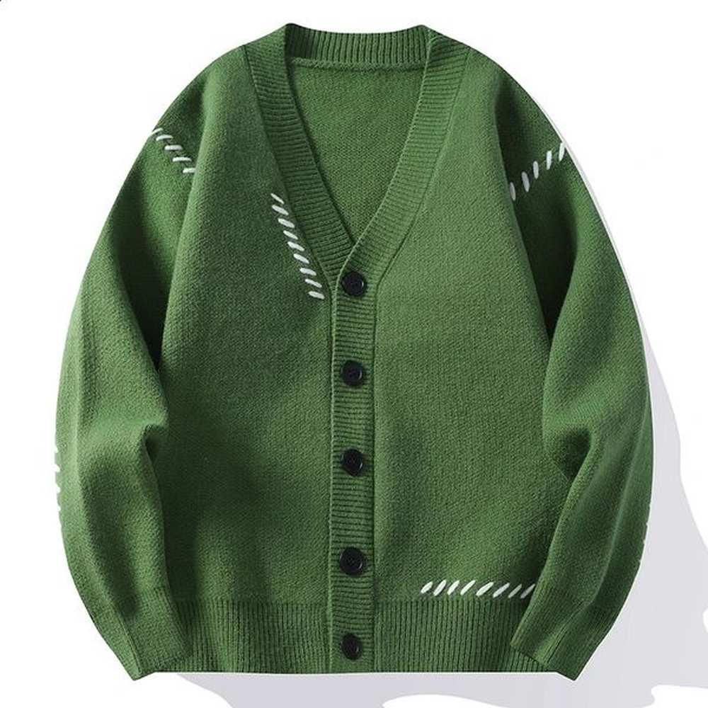 Autumn Winter V-Neck Knit Cardigan Men Harajuku Patchwork Loose Knitted Sweater Outerwear Coat Mens Fashion Casual Streetwear 241119