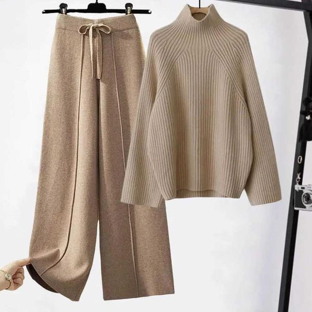 autumn winter warm knitted suit women long sve half turtleneck
