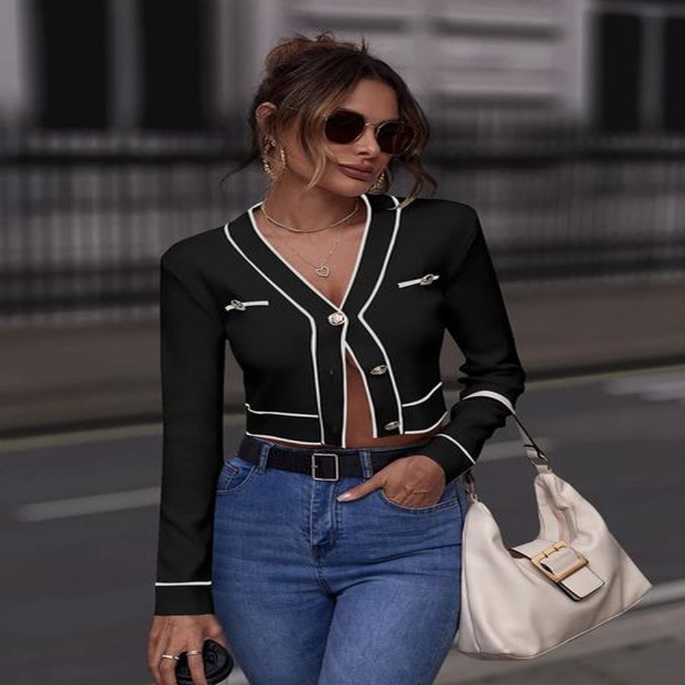 autumn winter women clasic v neck button front striped crop