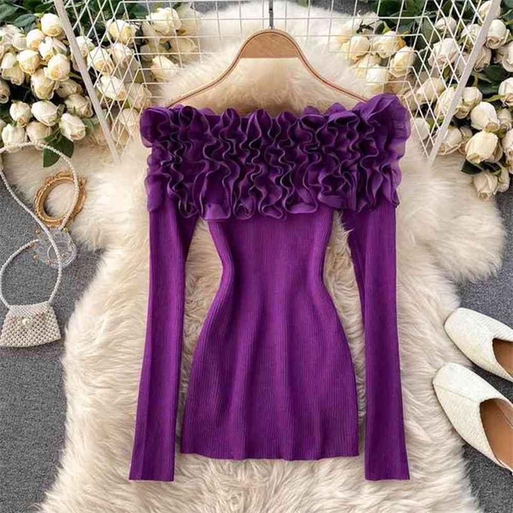autumn winter women knitted sweater mesh ruffled petal slash neck