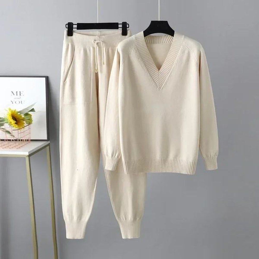 autumn winter womens v neck sweater two piece set female