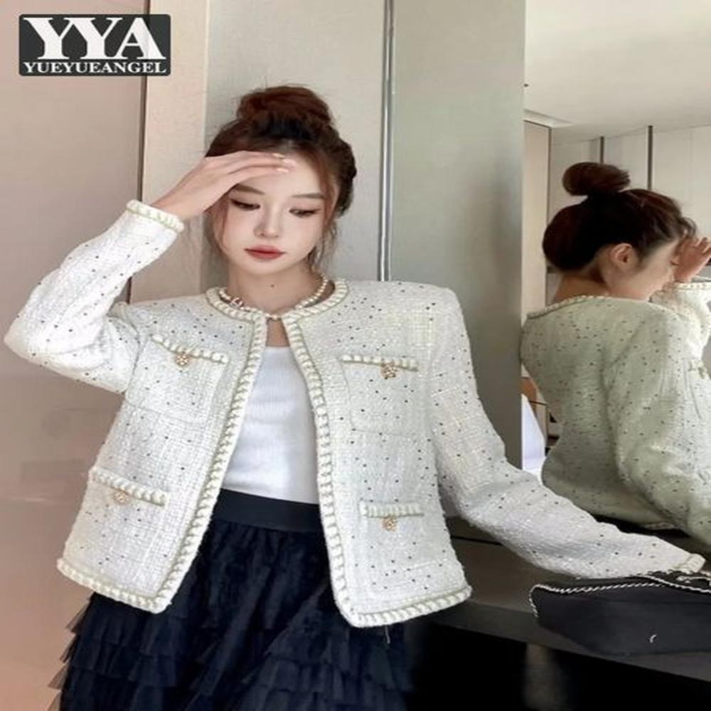 autumn women pockets o neck tweed jacket elegant office ladies