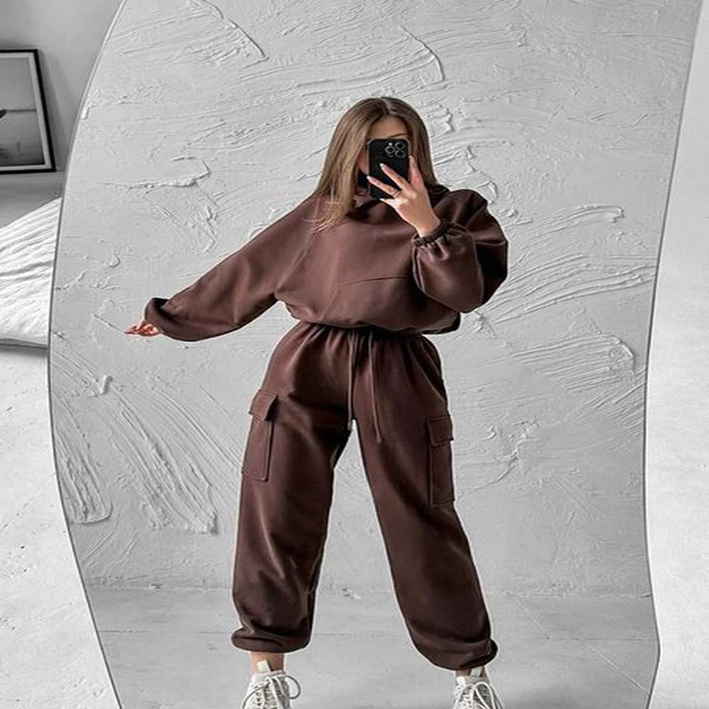 autumn womens casual sports hoodie set solid color long sleeved