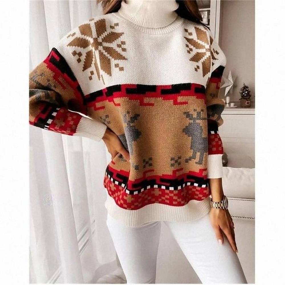autumn womens christmas turtleneck sweaters long sleeve elk snowflake pattern
