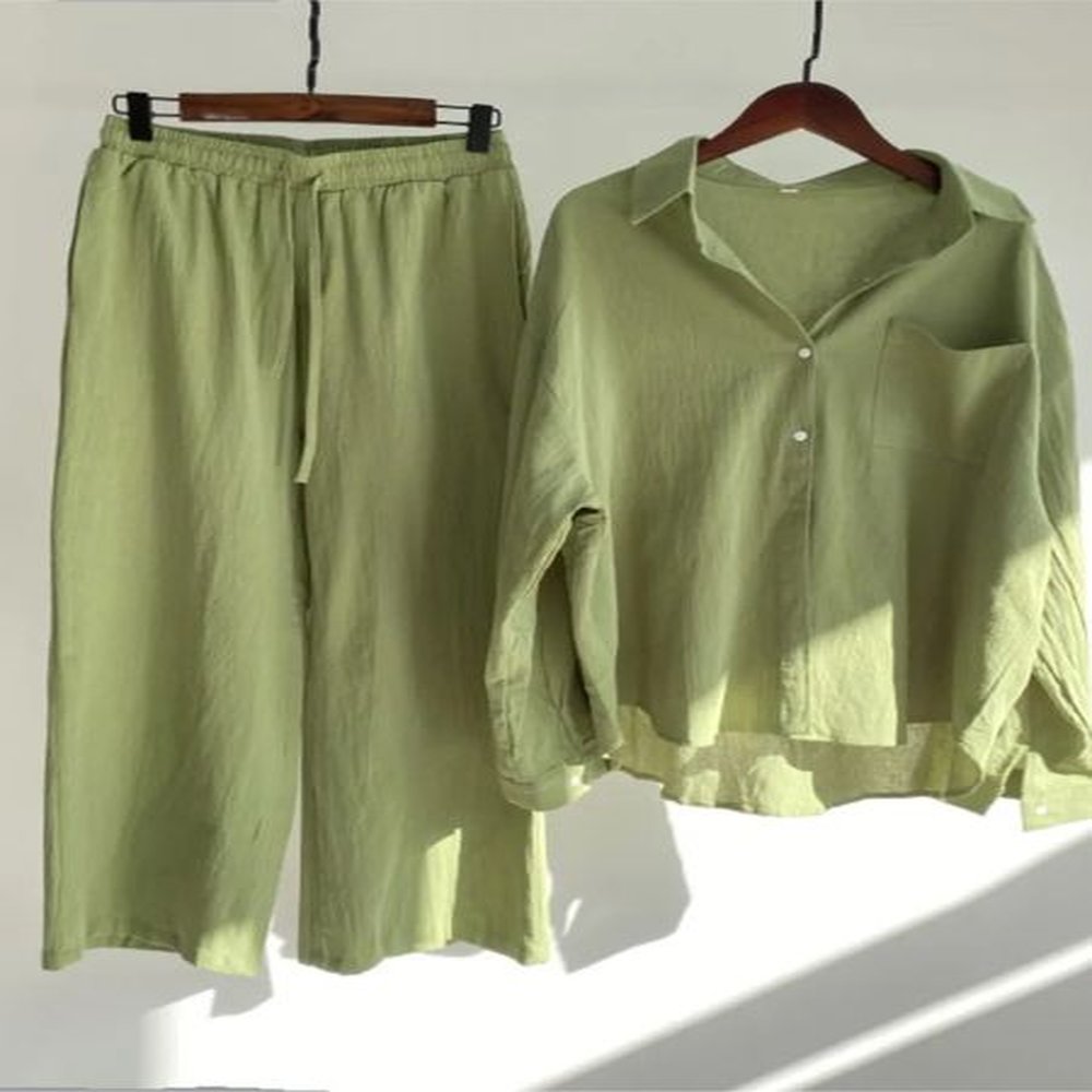 Autumn Womens Clothing 2024 Fashionable Retro Cotton Linen Shirt High Waist Loose Long Sleeved Lace Up Pants Twopiece Set 241204