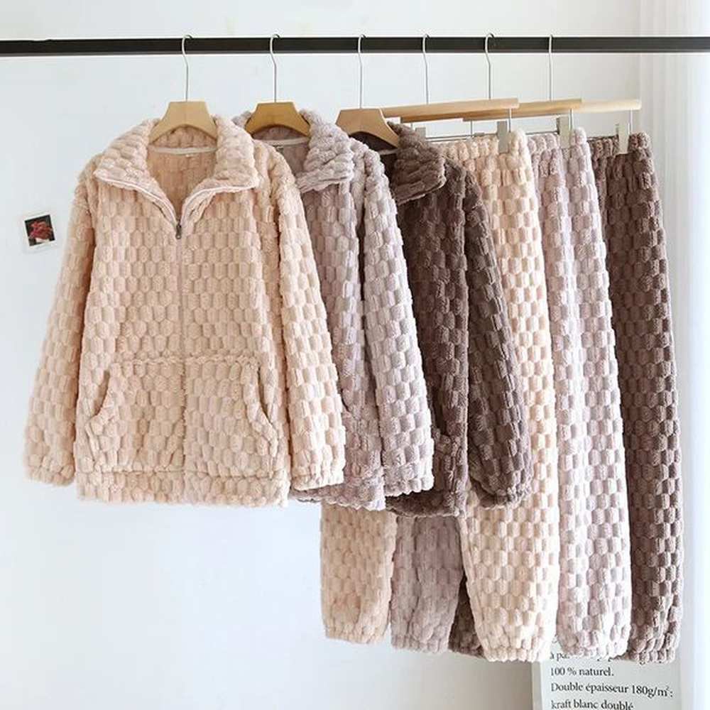autumnwinter couples pajama set flannel thick warm mens and womens