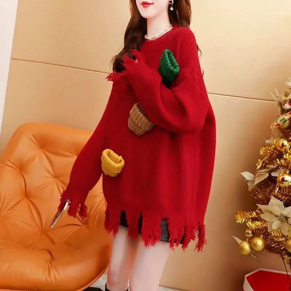 autumnwinter korean fashion patch oneck long sleeve christmas sweater loose