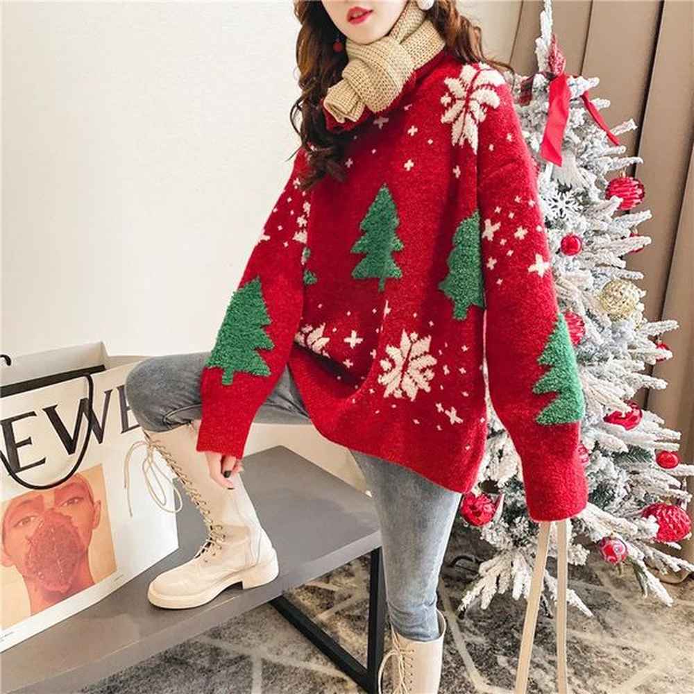 autumnwinter korean thick color blocked christmas sweater womens hoodie snowflake