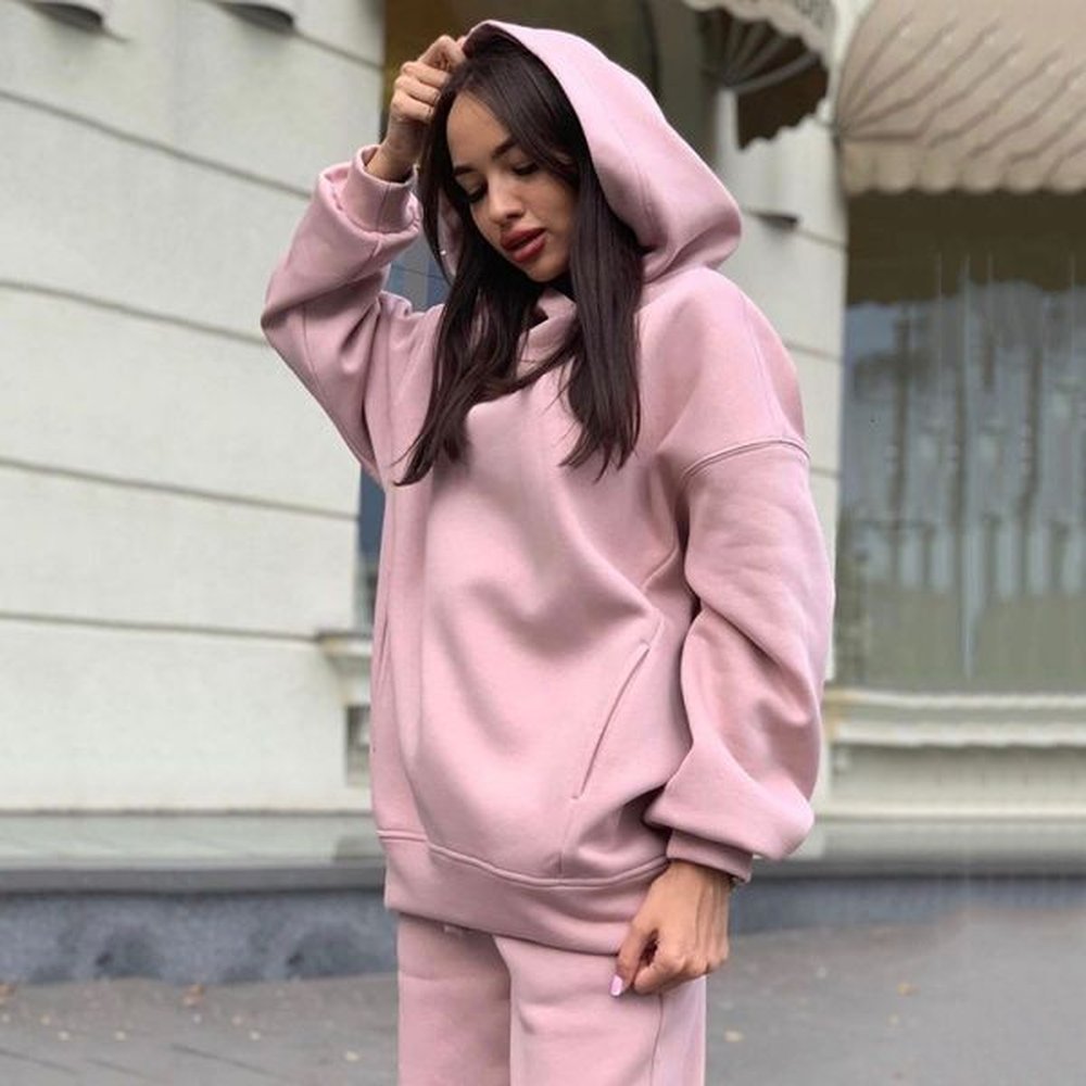 autumnwinter new fashion solid hooded sweater casual two piece