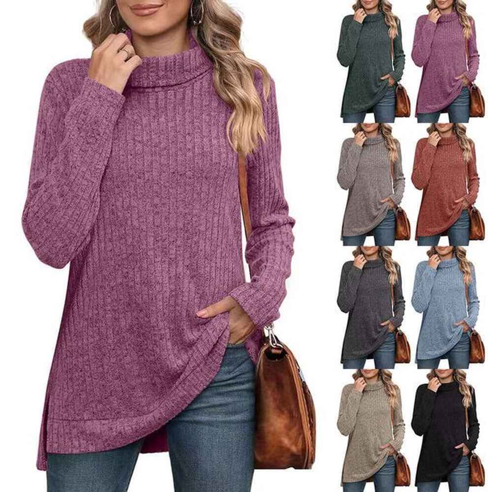 autumnwinter new high neck loose long sleeve split tshirt