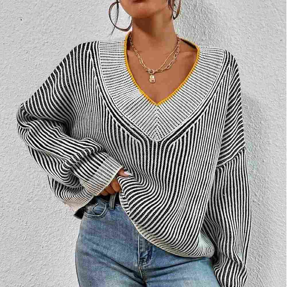 autumnwinter vneck loose and slim bat sleeve sweater stripe contrast