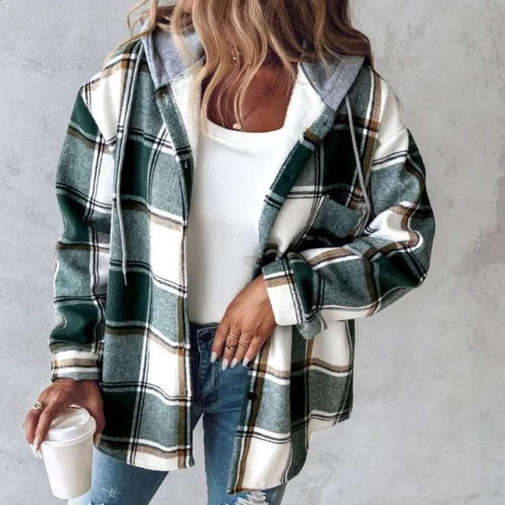 autumnwinter womens solid color checkered hooded casual jacket