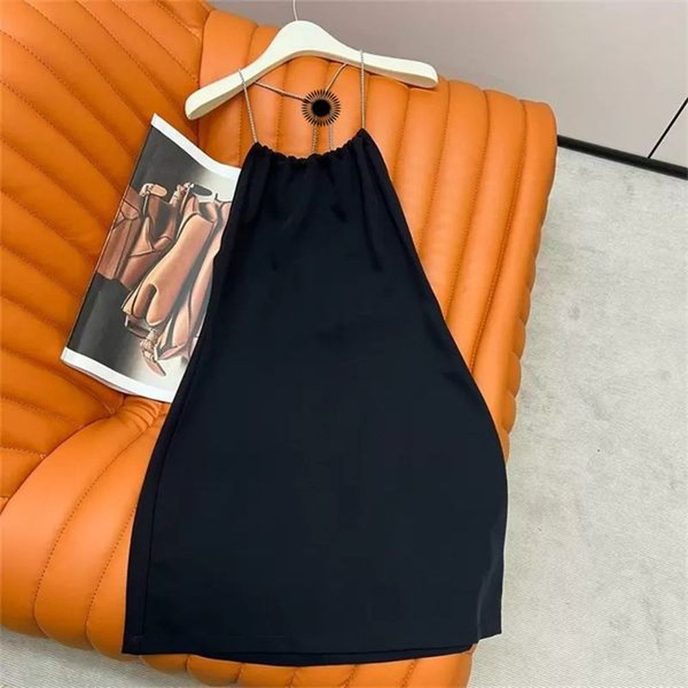 backless slip dresses triangle label bead chain sling black sexy