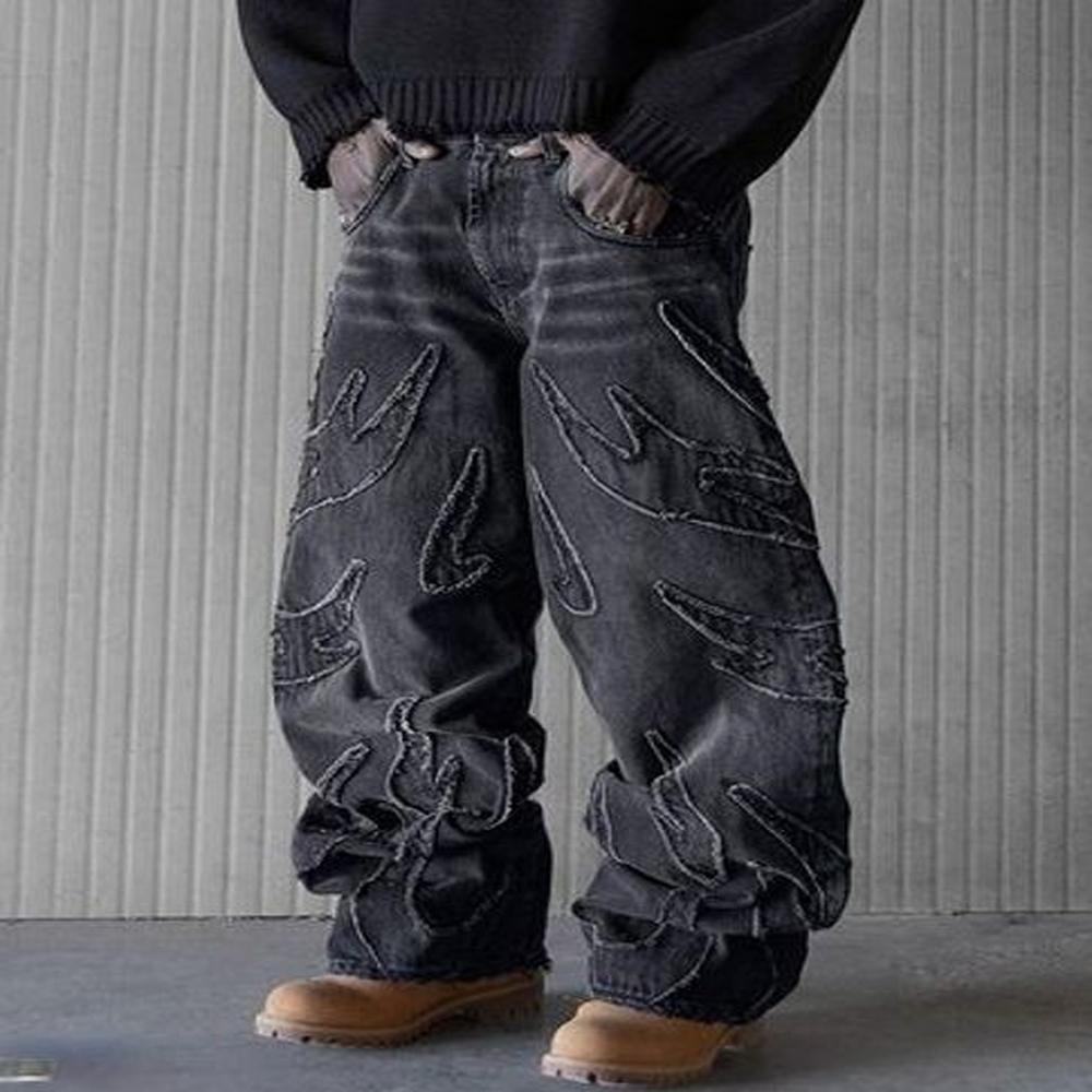 Baggy Jeans for Men Y2k Hip Hop Distressed Retro Black Pants Oversized Embroidery Haruku Gothic Wide Leg Trousers Streetwear