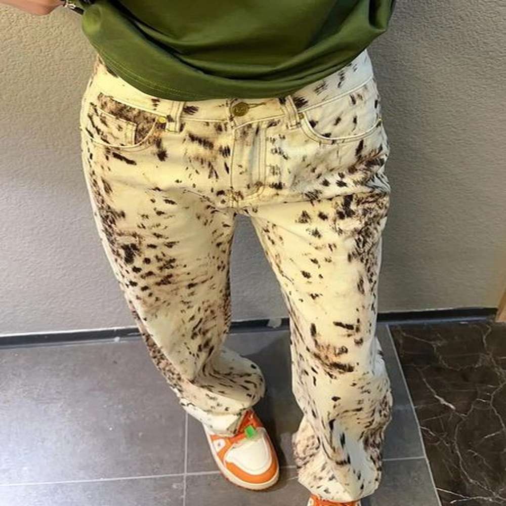 baggy wide leg jeans women high waisted retro leopard print