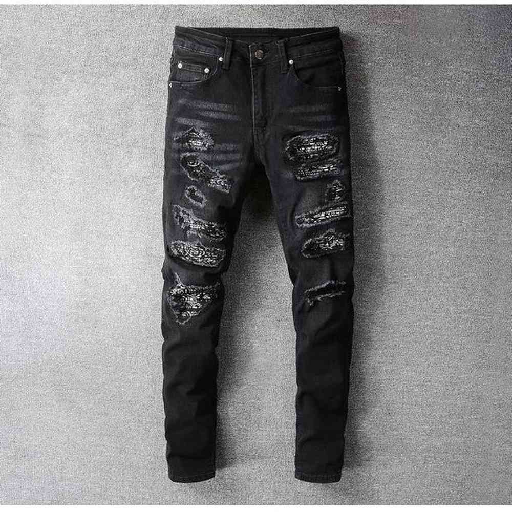Bandana Paisley Printed Mens Jeans Patchwork Stretch Streetwear Black Denim Pencil Pants Slim Skinny Ripped Trousers 669