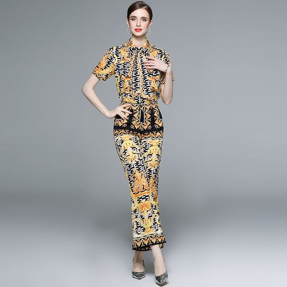 baroque floral short sleeve summer outfit pants two piece sets