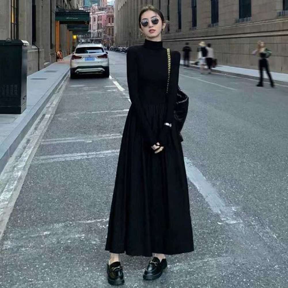 basic casual dresses black half neck womens autumn elegant hepburn
