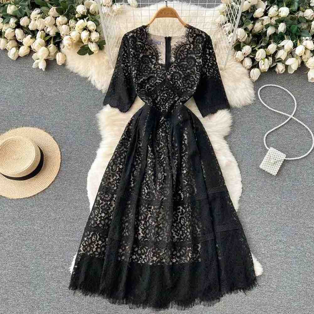 basic casual dresses elegant lace patchwork laceup vneck womens dress