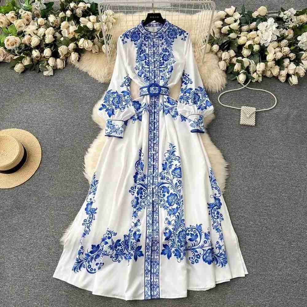 basic casual dresses fashion blue flower printed long skirt