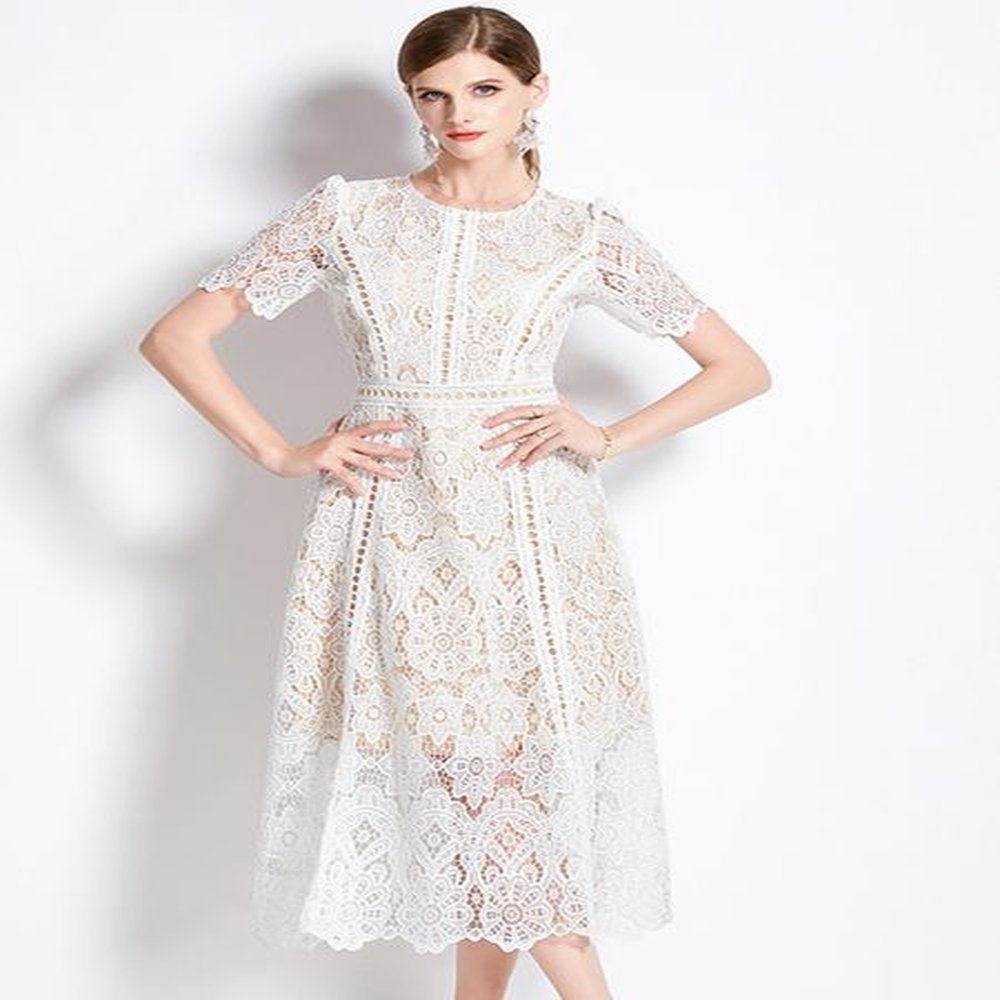 basic casual dresses french fashion lace hollow out long dress