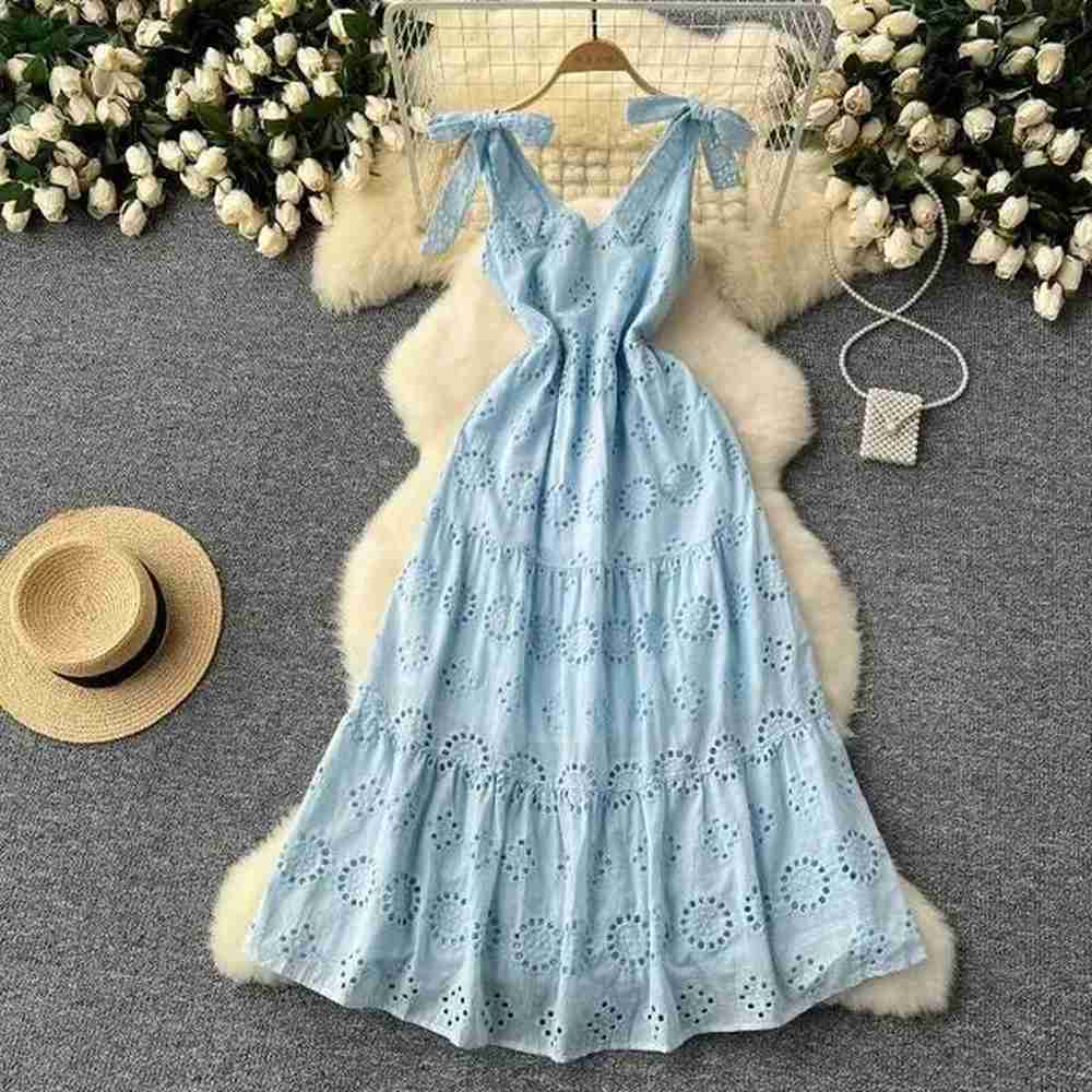 basic casual dresses french retro hollow embroidery butterfly bow slippers