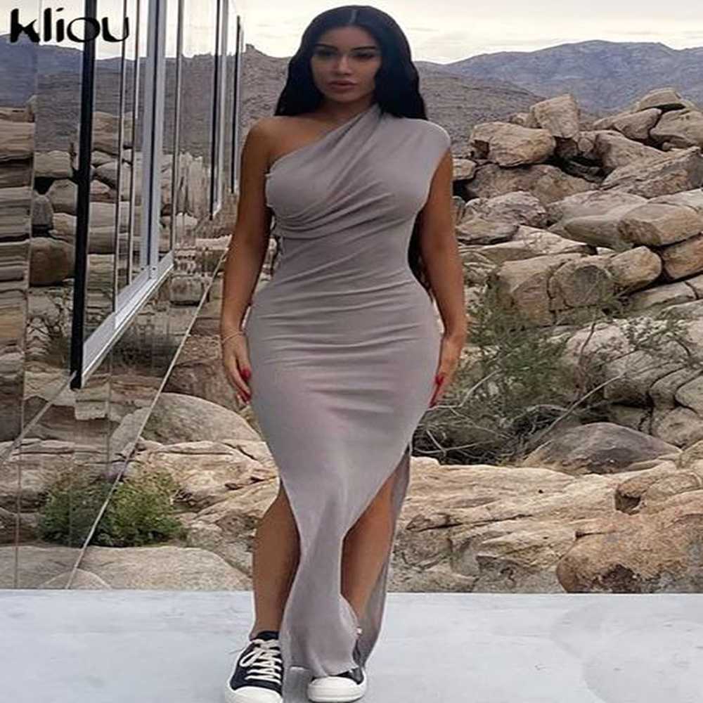 basic casual dresses kliou solid elegant maxi dres inclined shoulder