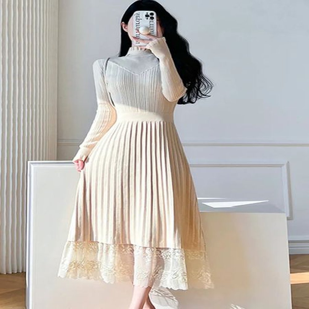 basic casual dresses new autumn winter elegant knitted lace patchwork
